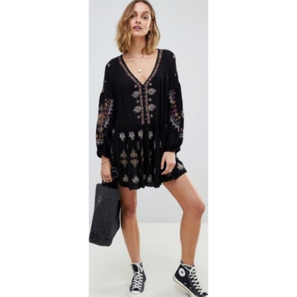 Free People Arianna Embroidered Dress Medium Womens Black Boho Festival Western